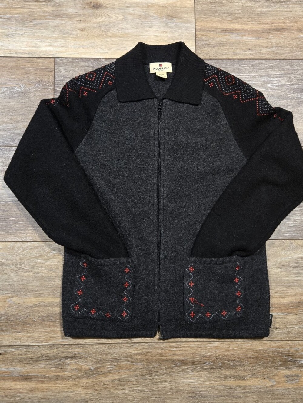 Woolrich Vintage Full Zip Knit Cardigan Jacket Gray Black Embroidered Size S
